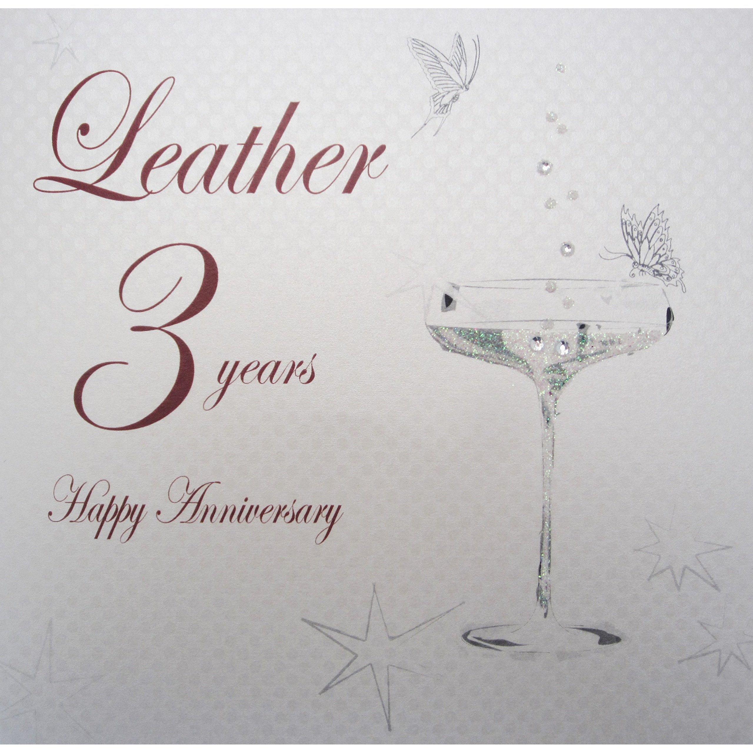 WHITE COTTON CARDS BD103C Coupe Glass Happy Anniversary 'Leather' 3 Years Handmade Anniversary Card, White